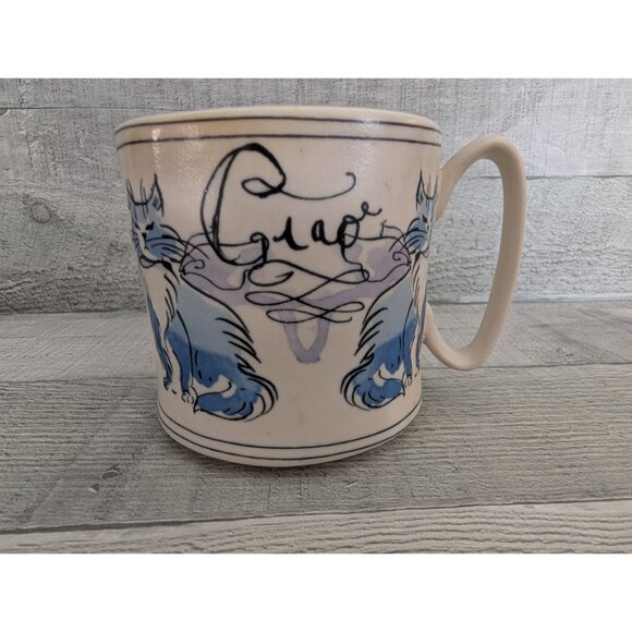 Anthropologie Ceramic Cat Mug With "Ciao" Text & Polka Dot Interior - Picture 1 of 7